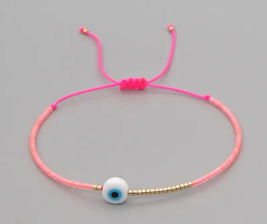 IRIS - PINK boho beaded evil eye adjustable bracelet