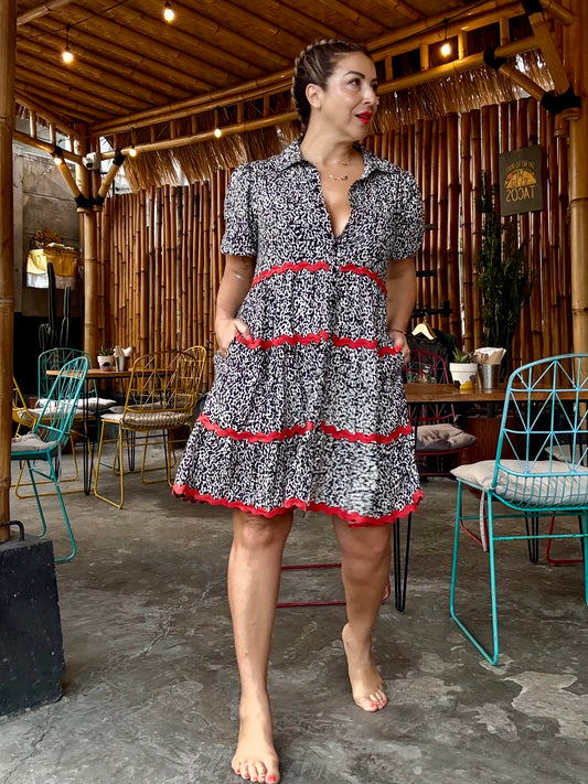 ROXANNE - BLACK/WHITE collar dress with ric rac detail