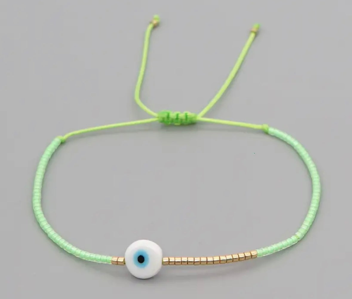 IRIS - FLURO LIME GREEN boho beaded evil eye adjustable bracelet