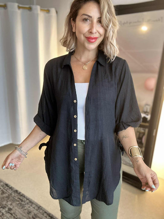 CELIA (PRE- ORDER due oct 15) - BLACK long line curved hem shirt with side ties