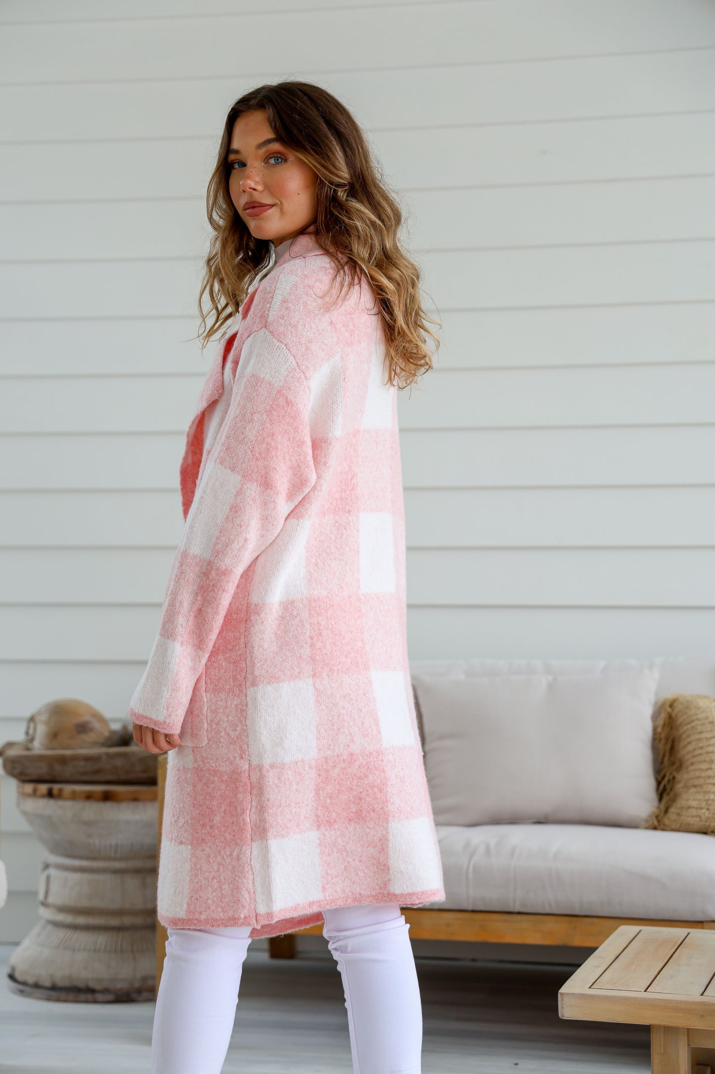 CAMILLA- Pink &  WHITE check wool blend coatigan