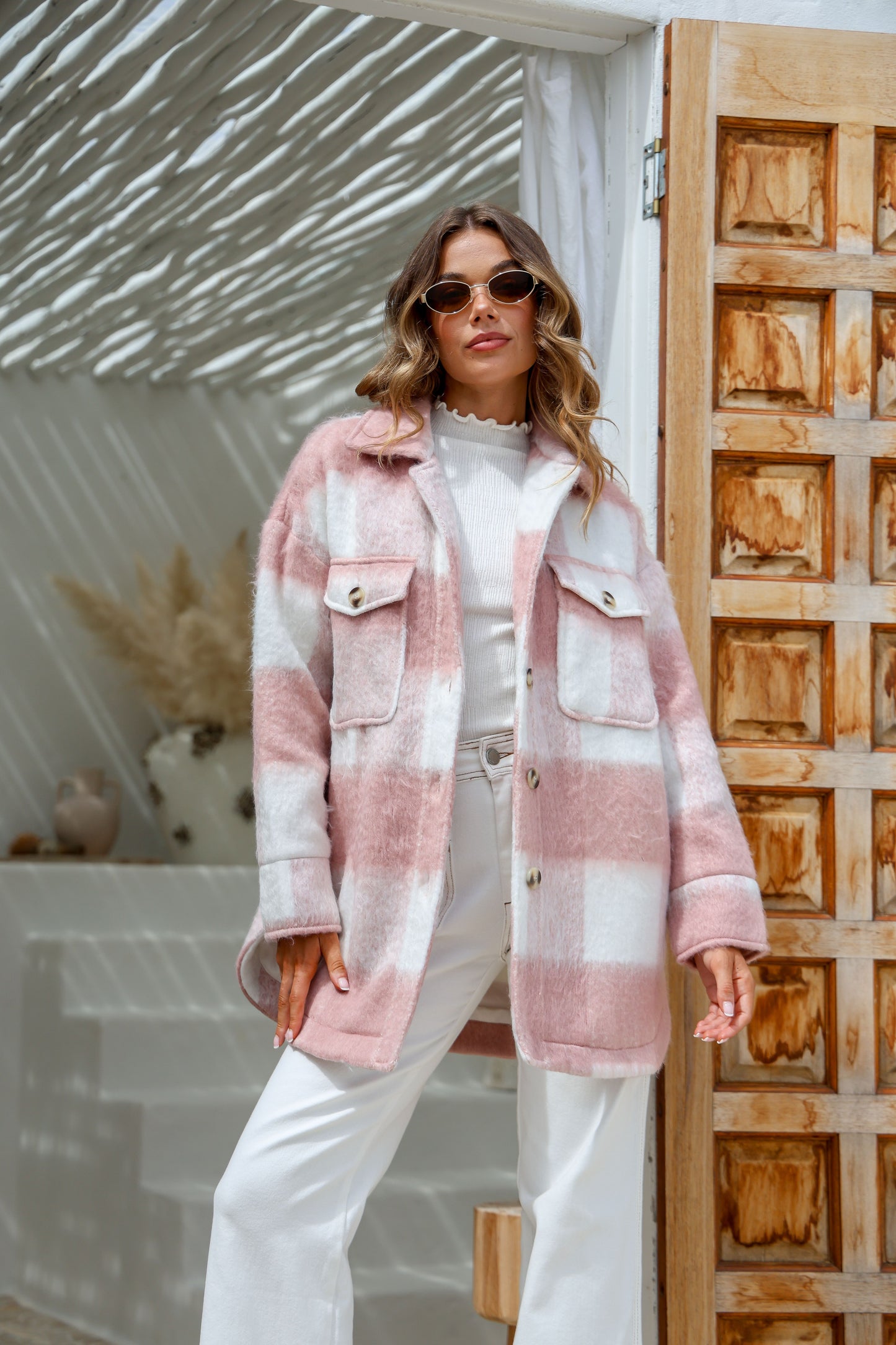 MIA- pink & white mohair heavy coat weight shacket