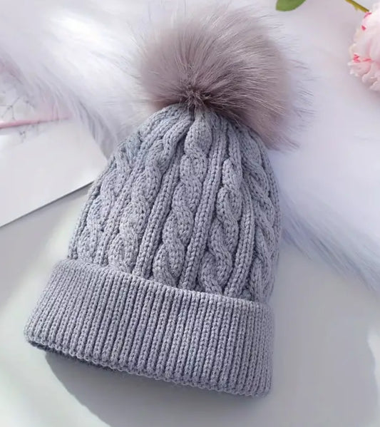 BEANIE  grey with grey pom pom