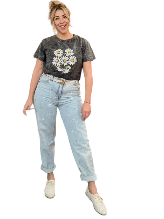 DAISY - BLUE denim with floral embroidery