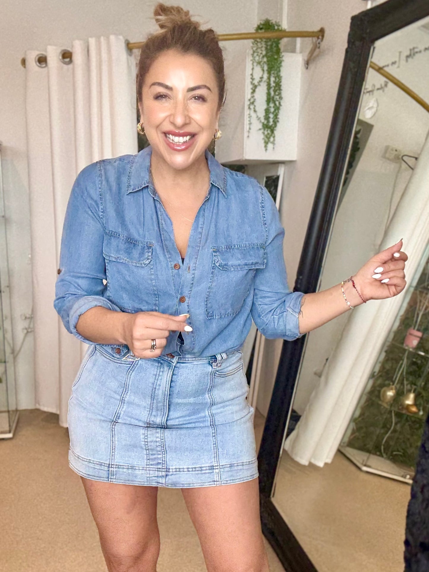 PRE ORDER END OF AUGUST - TARA- LIGHT BLUE high waisted stretch mini denim skirt