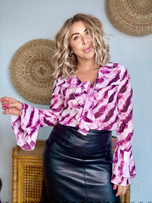 DOMINIQUE -PINK ruffle top with bell sleeve