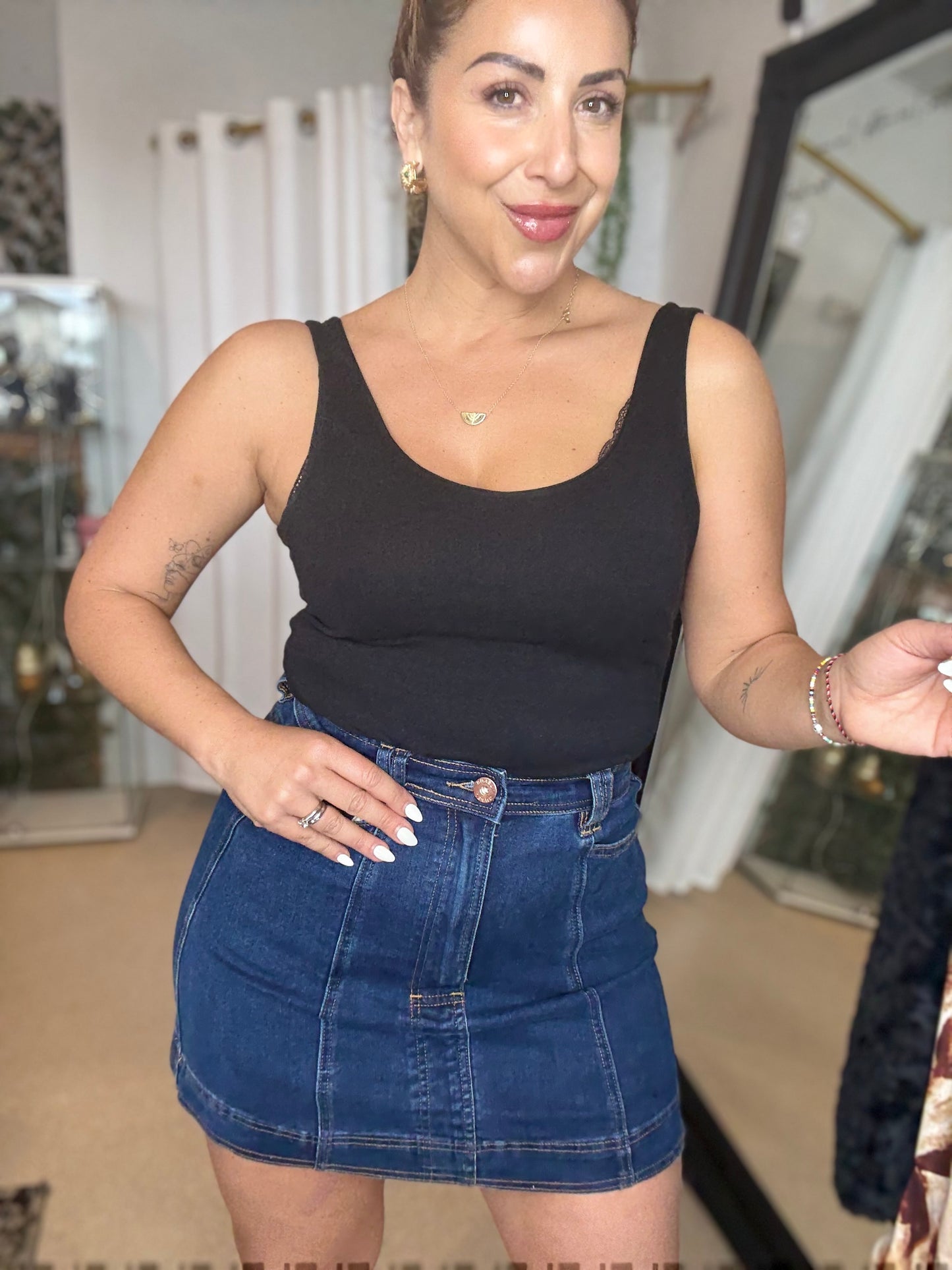PRE ORDER END OF AUGUST - TARA- DARK BLUE high waisted stretch mini denim skirt