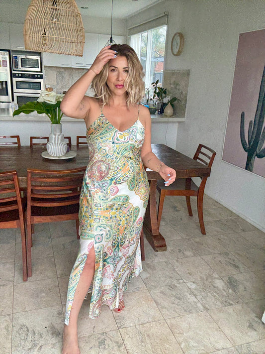 ELENI - GREEN with paisley print dress