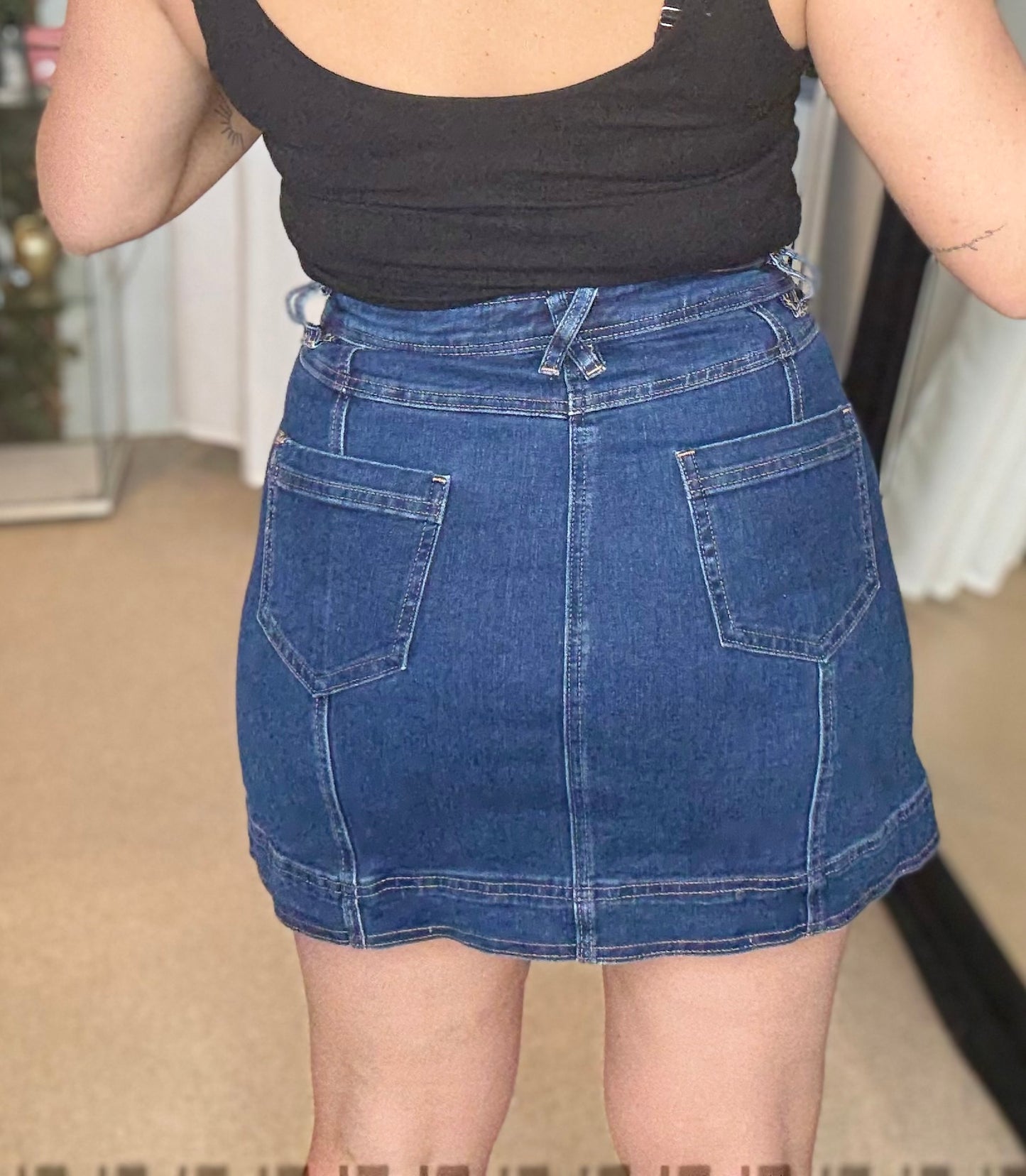 PRE ORDER END OF AUGUST - TARA- DARK BLUE high waisted stretch mini denim skirt
