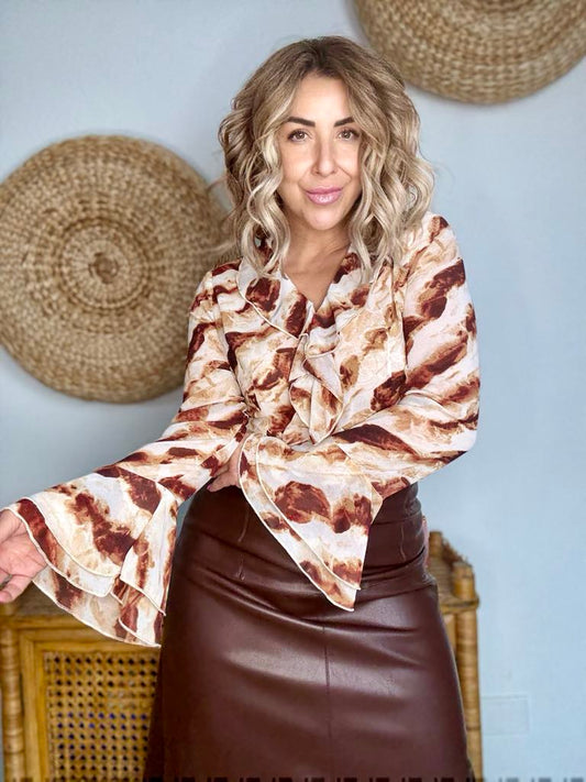 DOMINIQUE - CHOC/LATTE ruffle top with bell sleeve