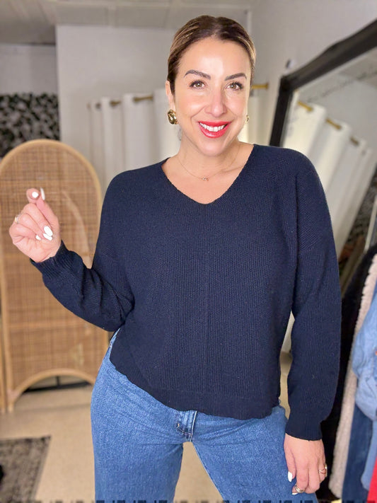 BAILEY - NAVY v neck ribbed top