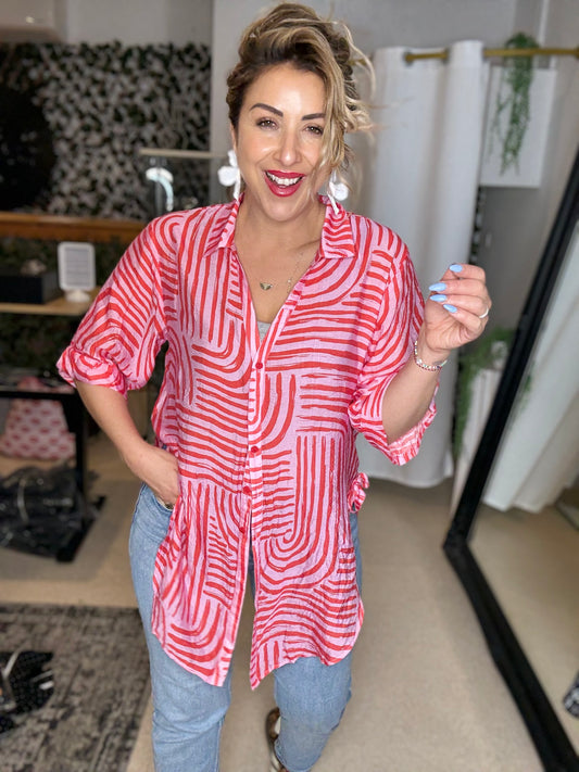 CELIA (PRE- ORDER due oct 15) - PINK/RED long line curved hem shirt with side ties