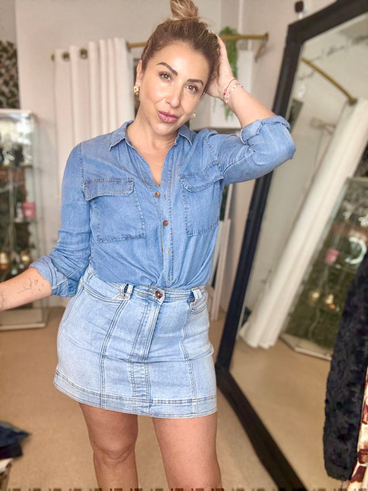 PRE ORDER END OF AUGUST - TARA- LIGHT BLUE high waisted stretch mini denim skirt