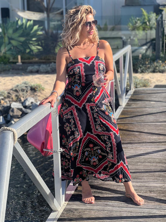 PIPS - BLACK dress with earthy tone floral pattern