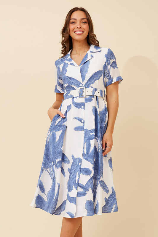 CAROLINE - blue and white belted shirt dress