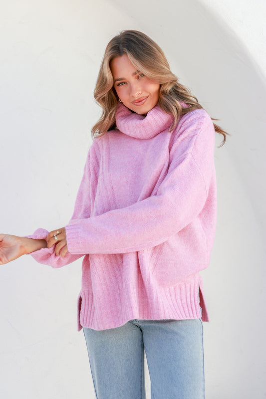 SHADOW candy pink rib turtle neck knit