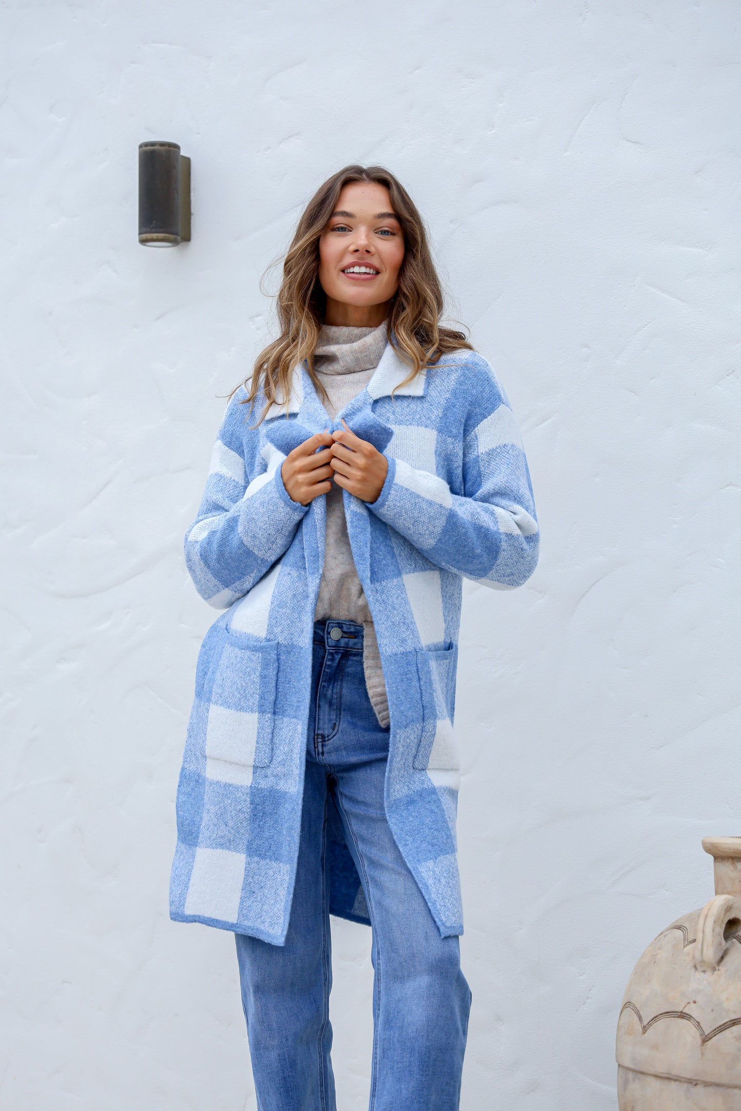 CAMILLA- BLUE &  WHITE check wool blend coatigan