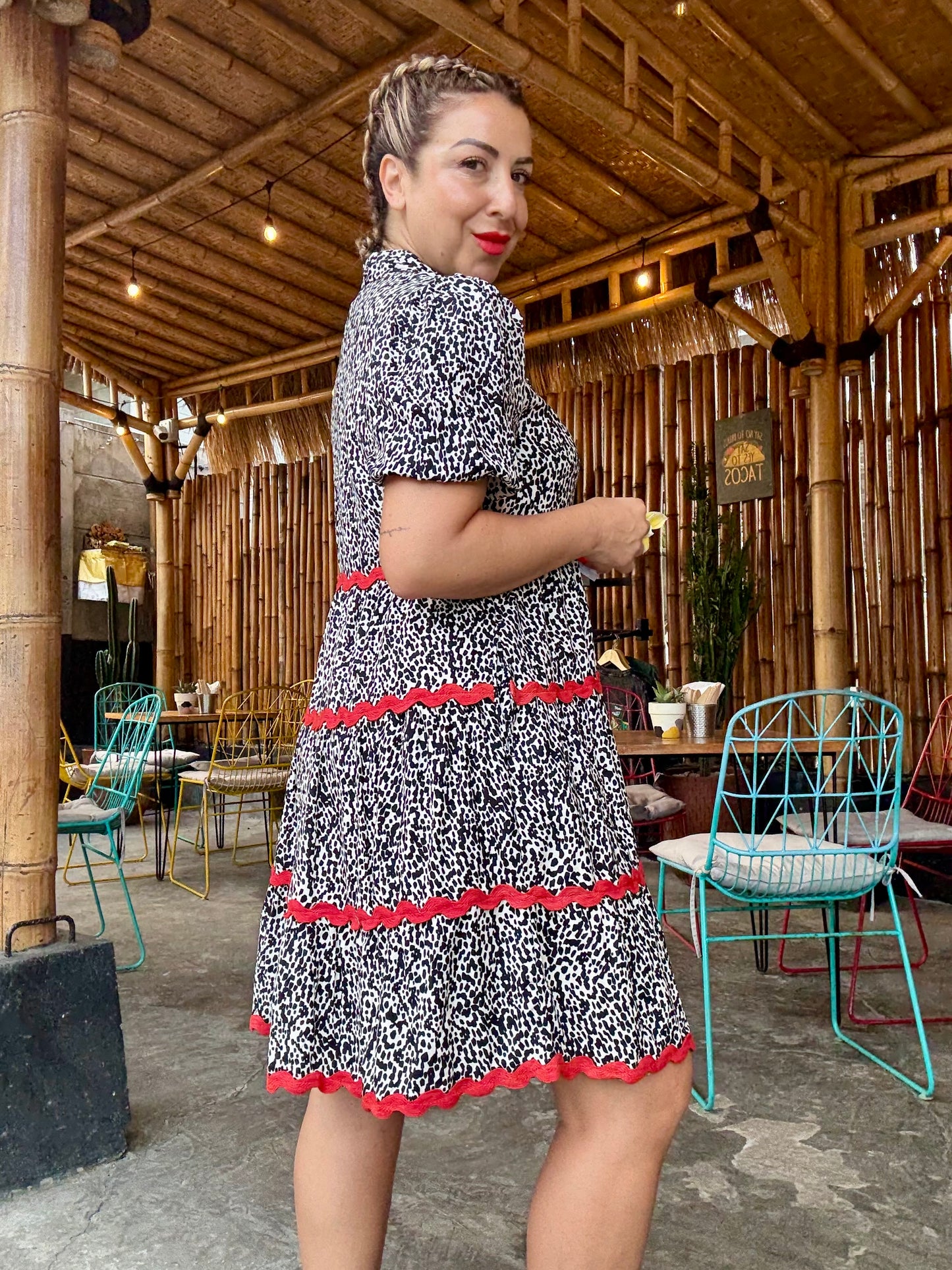 ROXANNE - BLACK/WHITE collar dress with ric rac detail