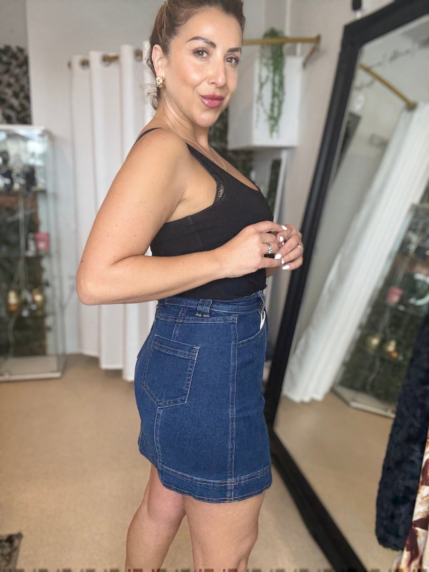 PRE ORDER END OF AUGUST - TARA- DARK BLUE high waisted stretch mini denim skirt
