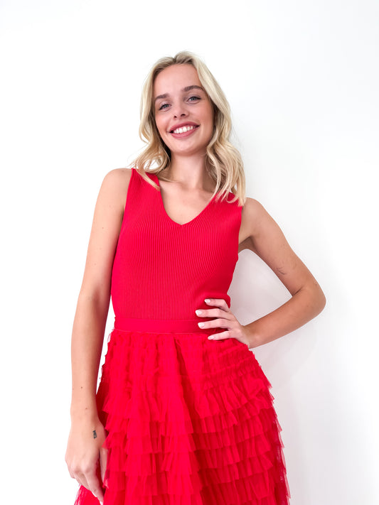 OLIVIA - RED Ribbed V Neck Singlet