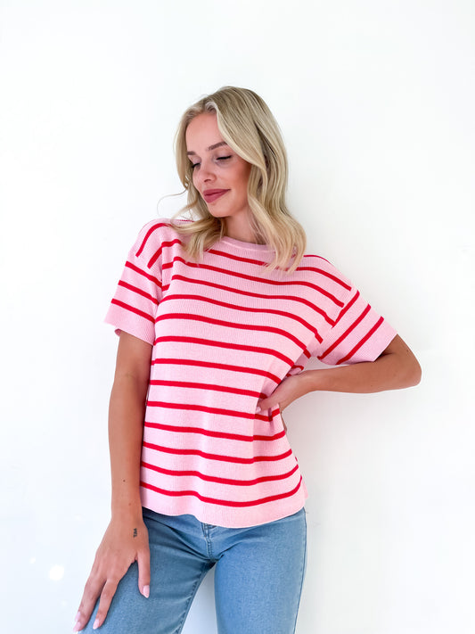 PRE ORDER - CLEO - Pink / Red Stripe Knit Tee (PRE ORDER EARLY DEC DELIVERY)