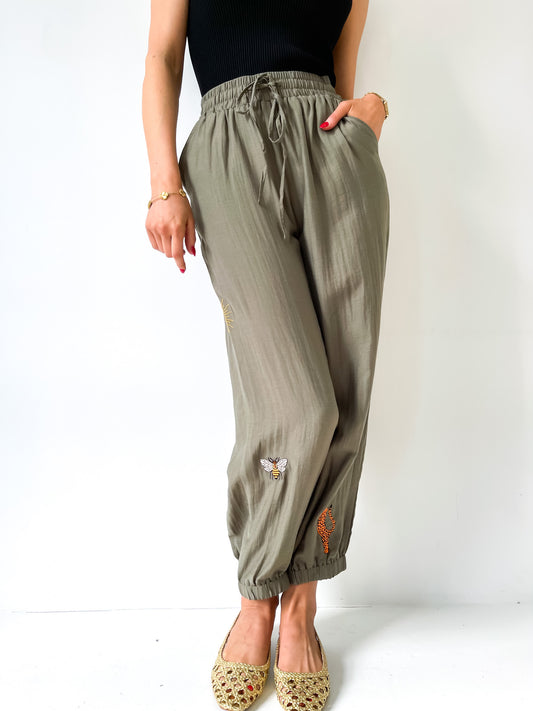 JOSEPHINE - Olive Embroidered Jogger Pants