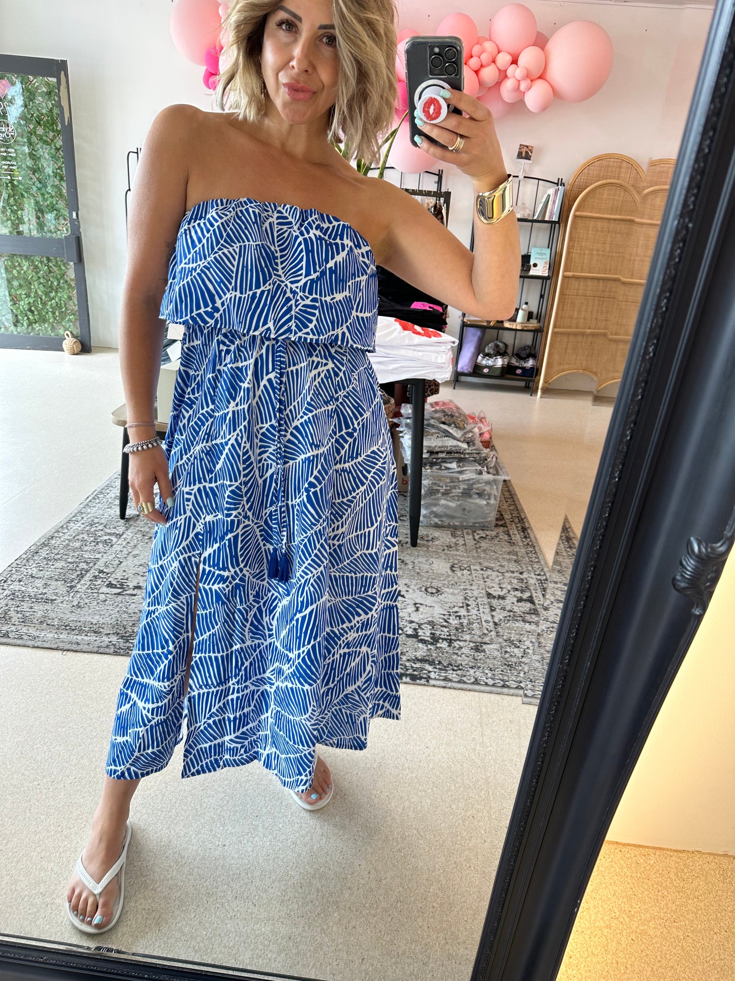 DAPHNE - blue geometric dress with side split