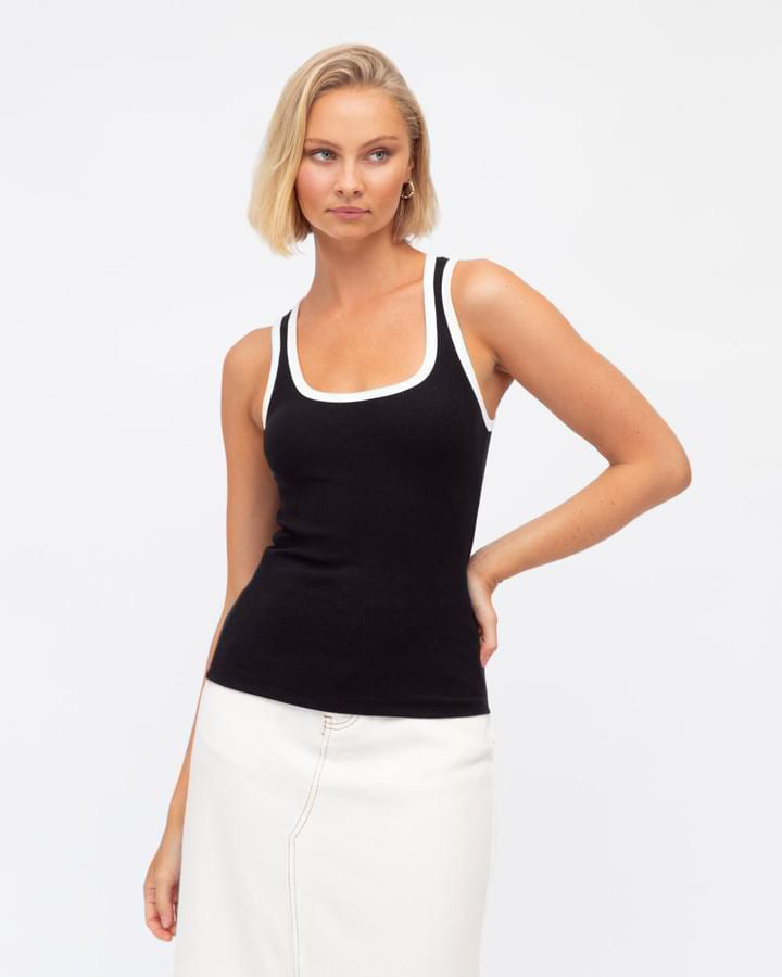 REBECCA - Black Knit Singlet with white stripe trim