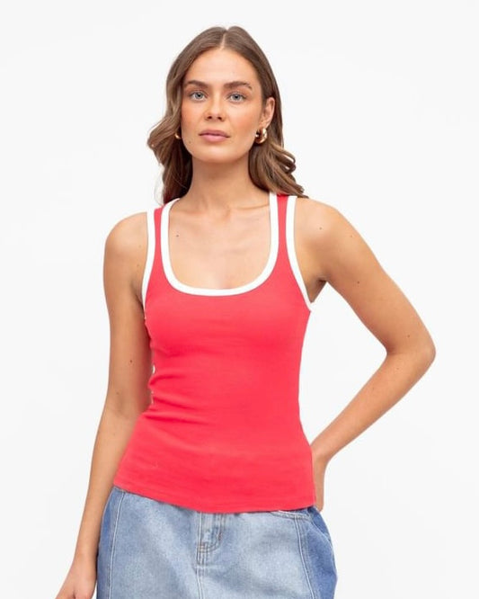 REBECCA - Red Knit Singlet with white stripe trim