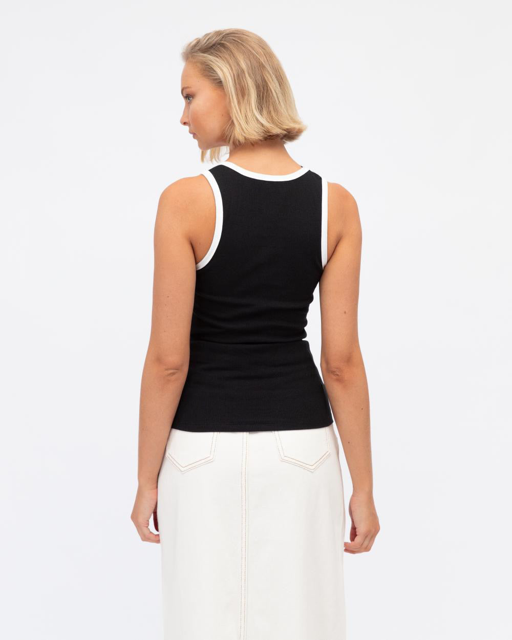 REBECCA - Black Knit Singlet with white stripe trim