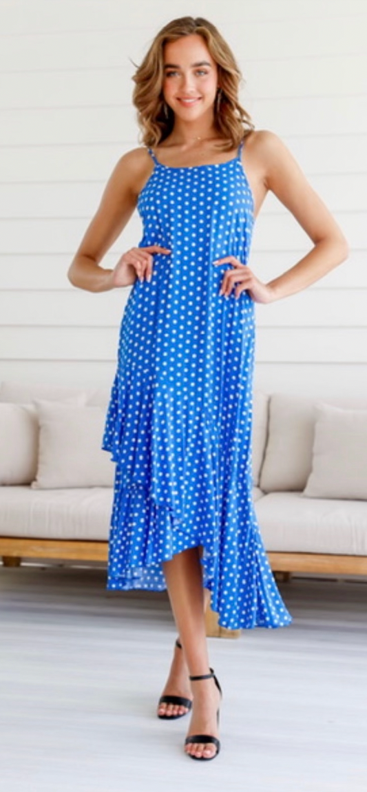 KIRA - Blue with White dot ruffle Dress