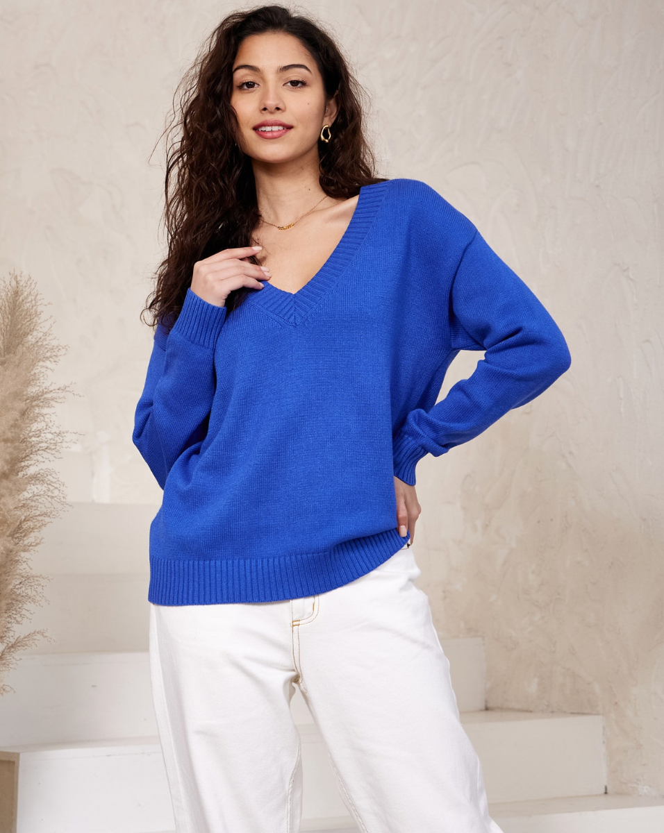 SARA - Cobalt Blue V Neck Knit