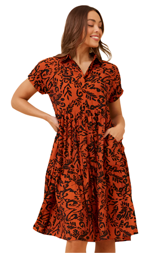 TEENA - Burnt Orange Babydoll Dress