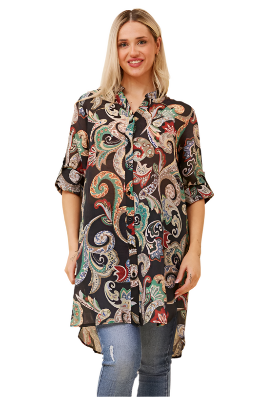 SABRINA - Black Shirt Dress with Paisley Print