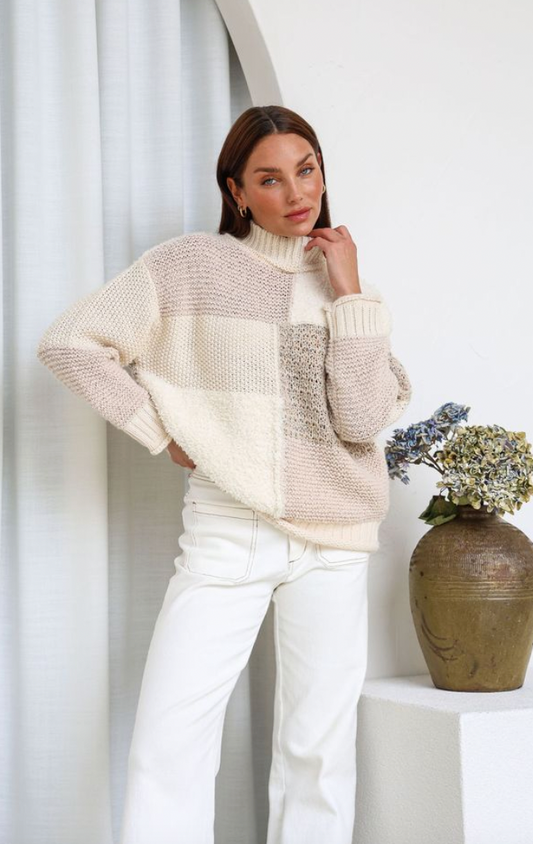 PRE ORDER FOR END OF MAY - CARLY - IVORY/LATTE chunky high neck knit