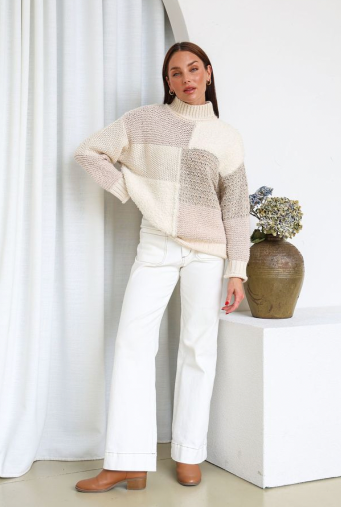 PRE ORDER FOR END OF MAY - CARLY - IVORY/LATTE chunky high neck knit