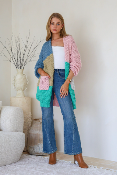 PRE ORDER END OF MAY - MELINA - PINK/GREEN multi block patchwork cardi