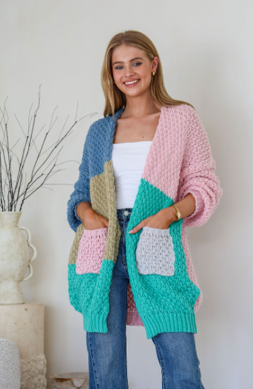 PRE ORDER END OF MAY - MELINA - PINK/GREEN multi block patchwork cardi