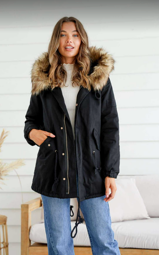 EMILY - BLACK anorak jacket with fur hood