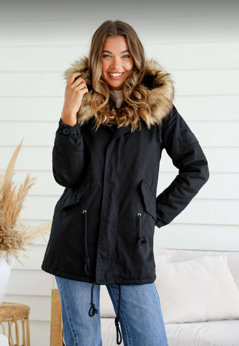 EMILY - BLACK anorak jacket with fur hood