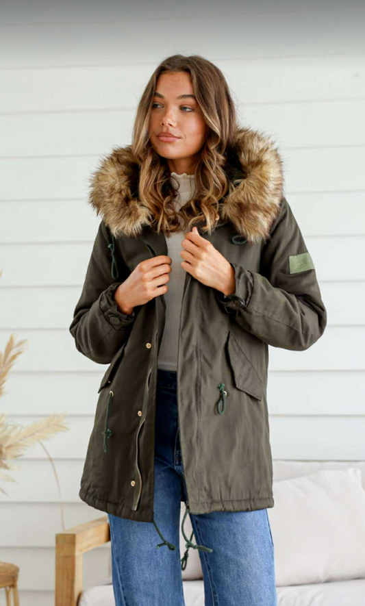 EMILY - KHAKI anorak jacket with fur hood