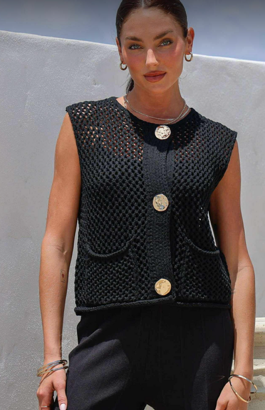 SHANNON - BLACK chunky crochet knit vest