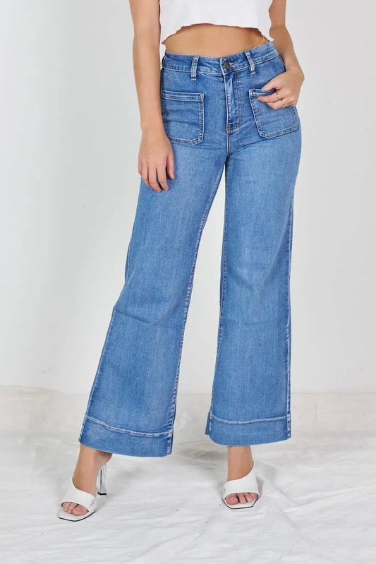 HARVEY- MID BLUE wide leg high waisted stretch jean