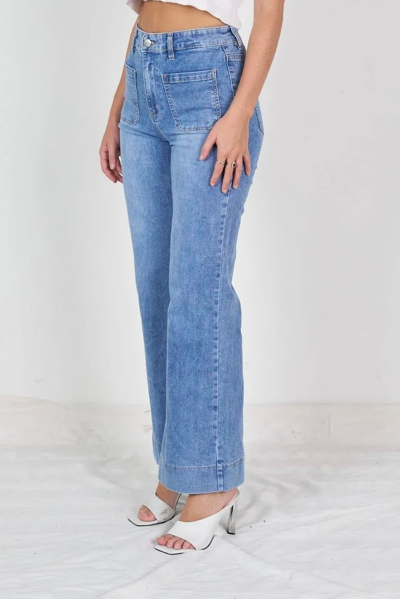 HARVEY- MID BLUE wide leg high waisted stretch jean