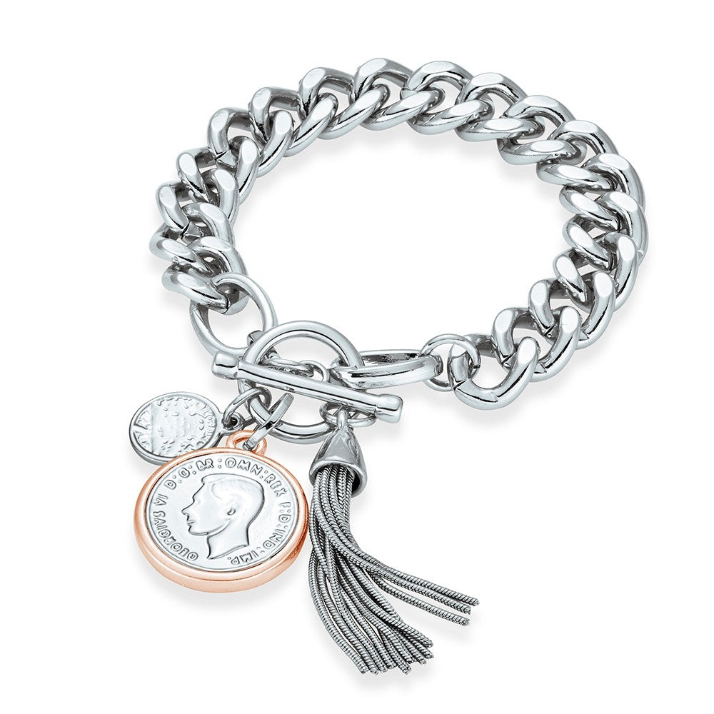 PAMELA silver curb link bracelet with rose two tone coin and tassel