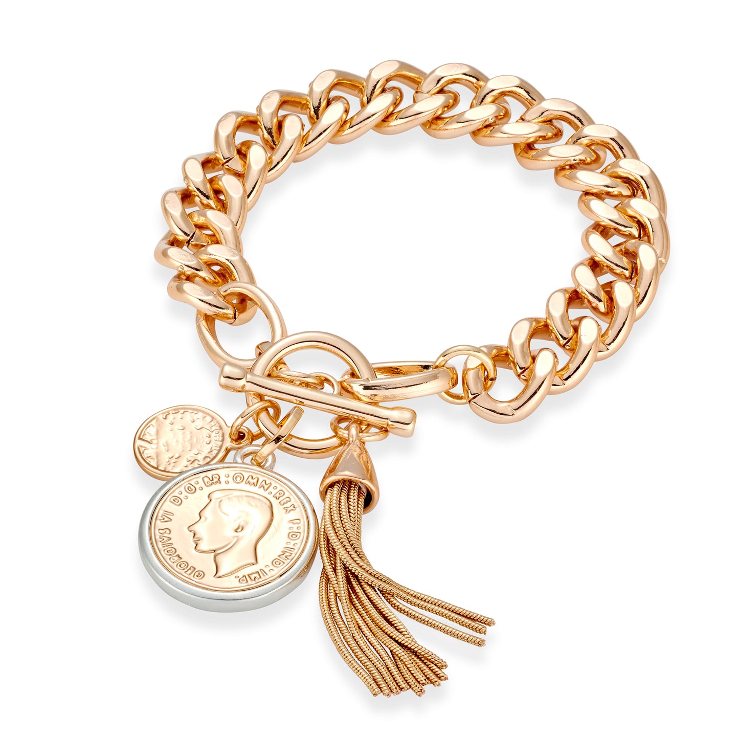 PAMELA gold curb link bracelet with two tone coin and tassel