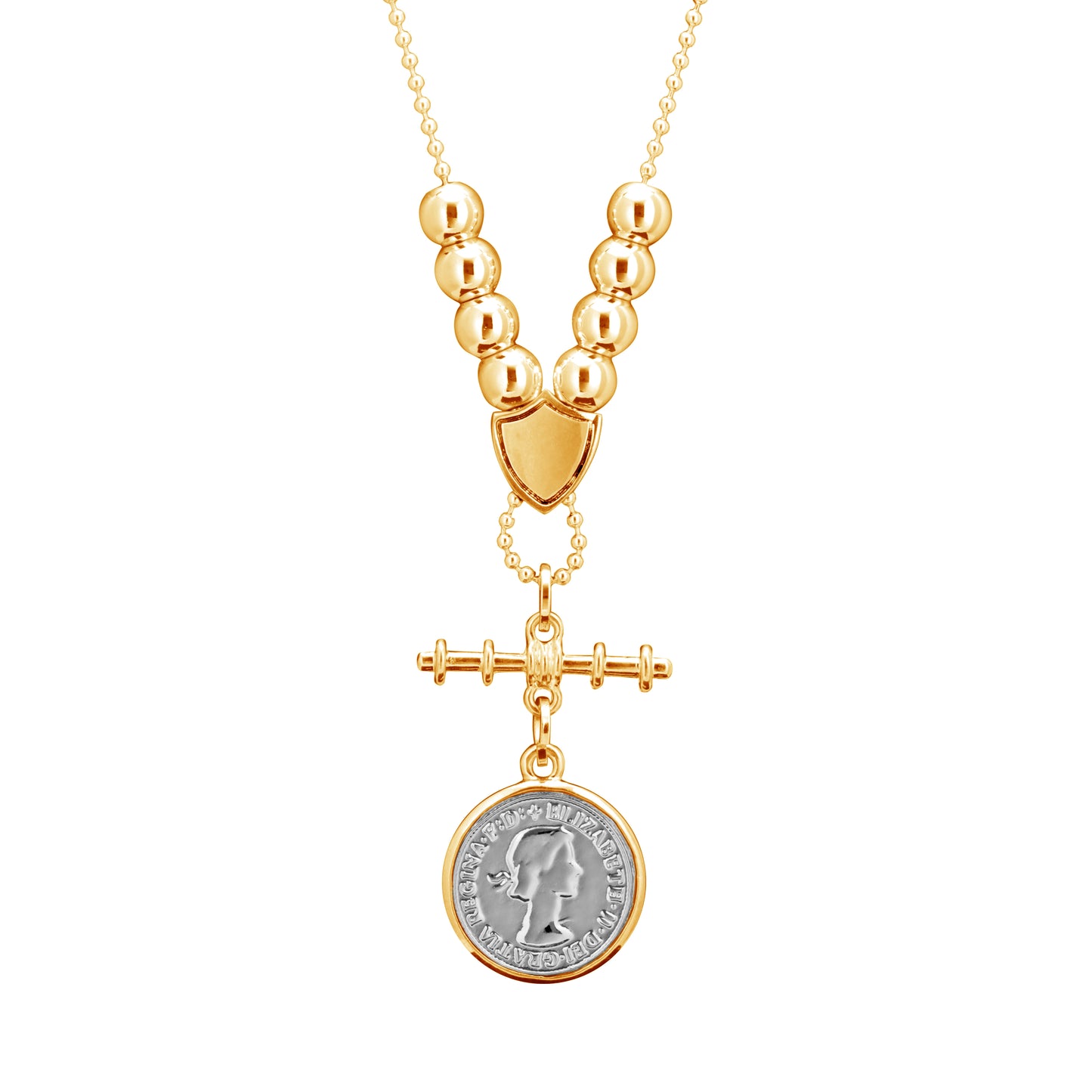 PORTIA Gold necklace with two tone coin pendant in silver