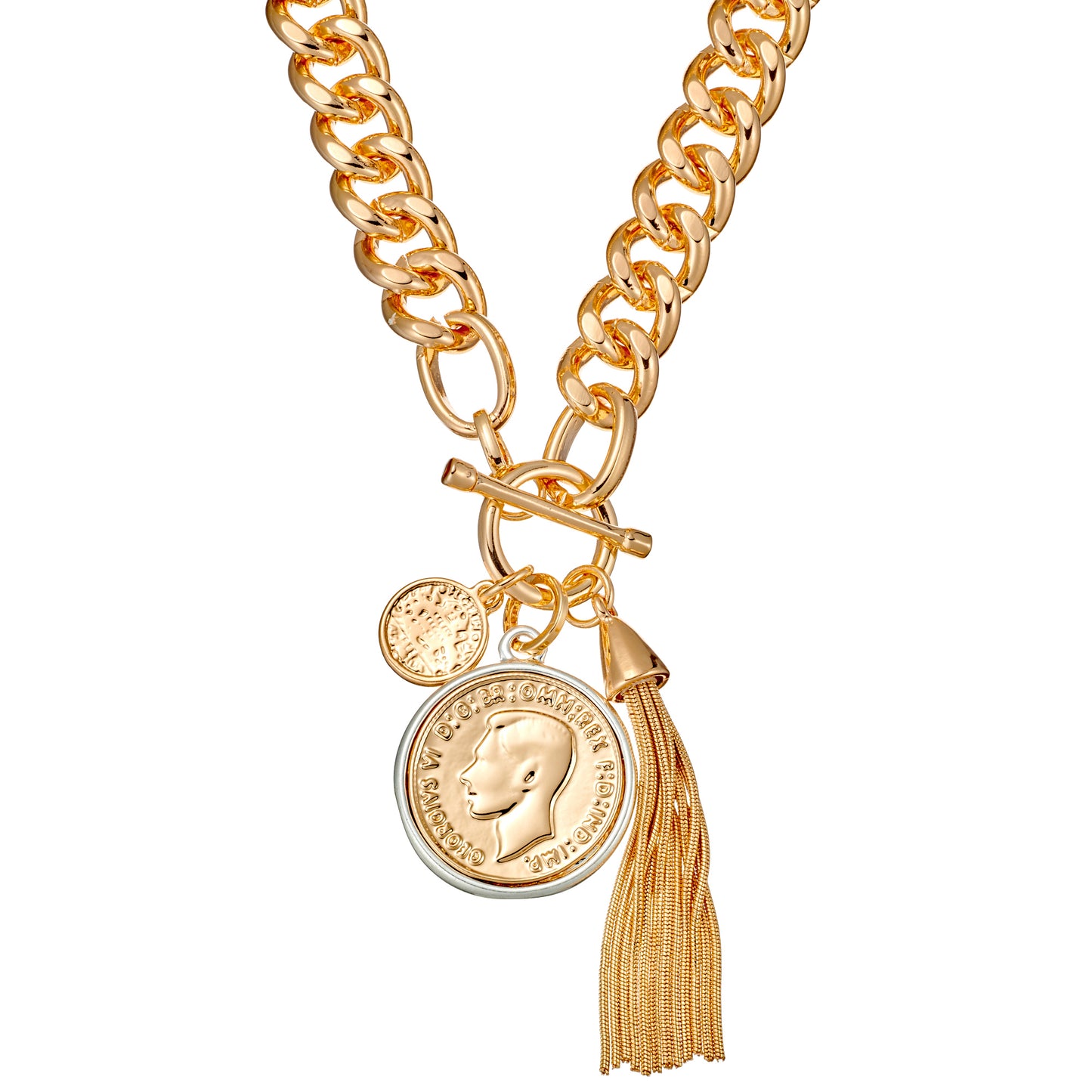 AMANDA Gold heavy curb link chain with two tone coin and tassel