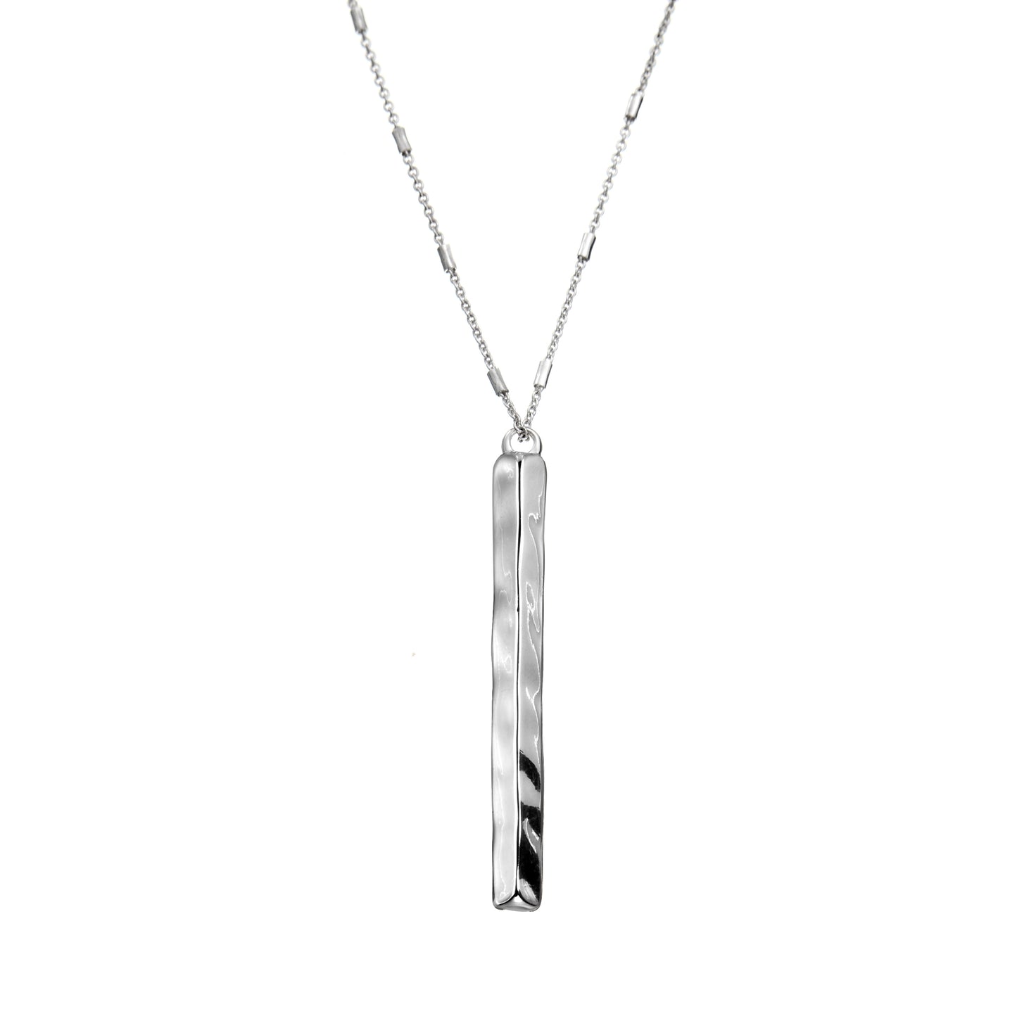 MJ Silver necklace with long vertical bar pendant on a detailed chain