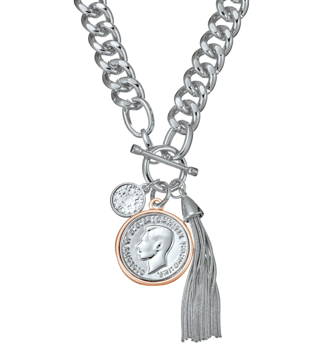 AMANDA Silver heavy curb link chain with two tone coin and tassel